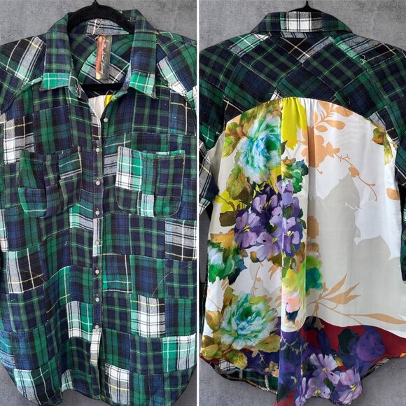 ARATTA SILENT JOURNEY CUSTOM DESIGNED PATCHWORK FLANNEL & PRINT SHIRT - Picture 2 of 7